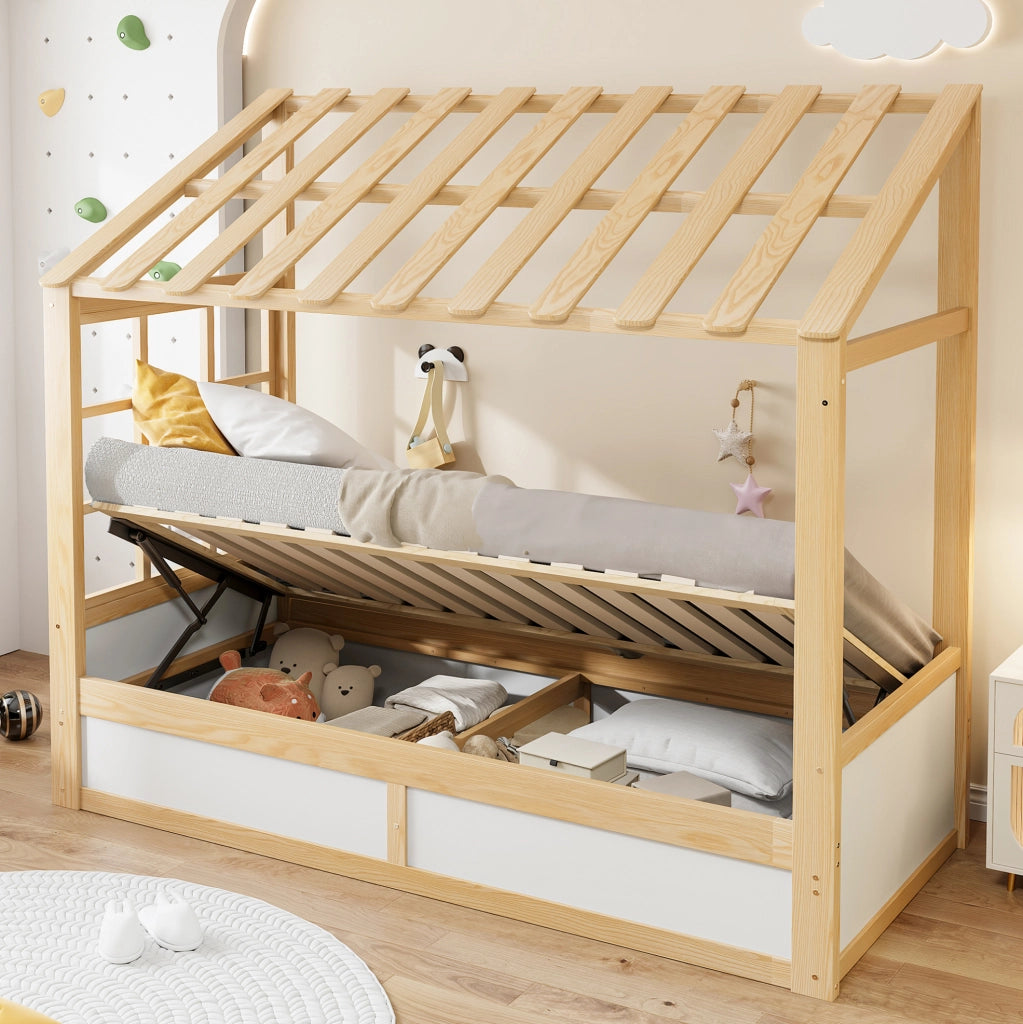 Letto per bambini 90x200 cm con tetto e vano contenitore