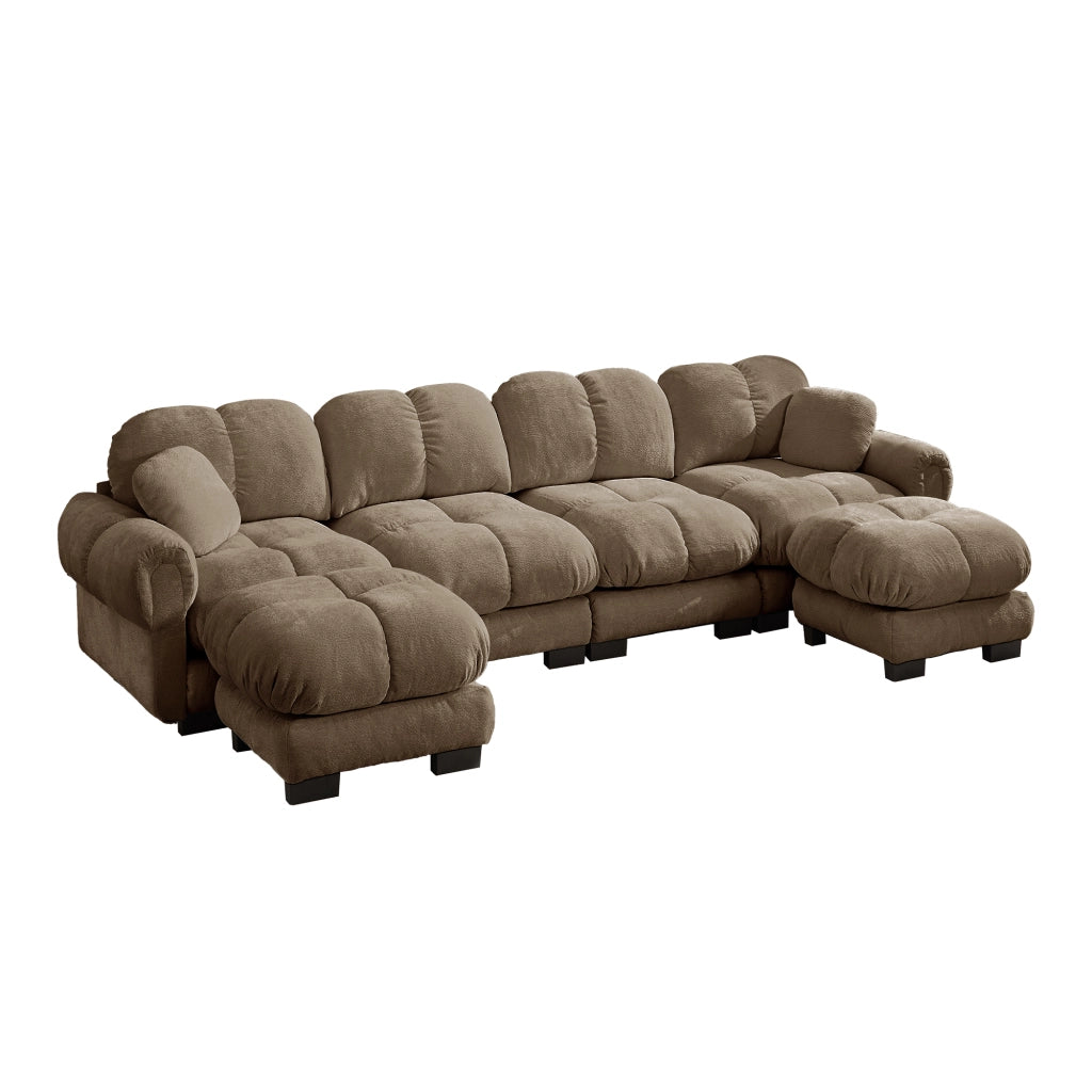 Divano modulare 4 posti con 2 pouf mobili in chenille marrone 330×149×90 cm