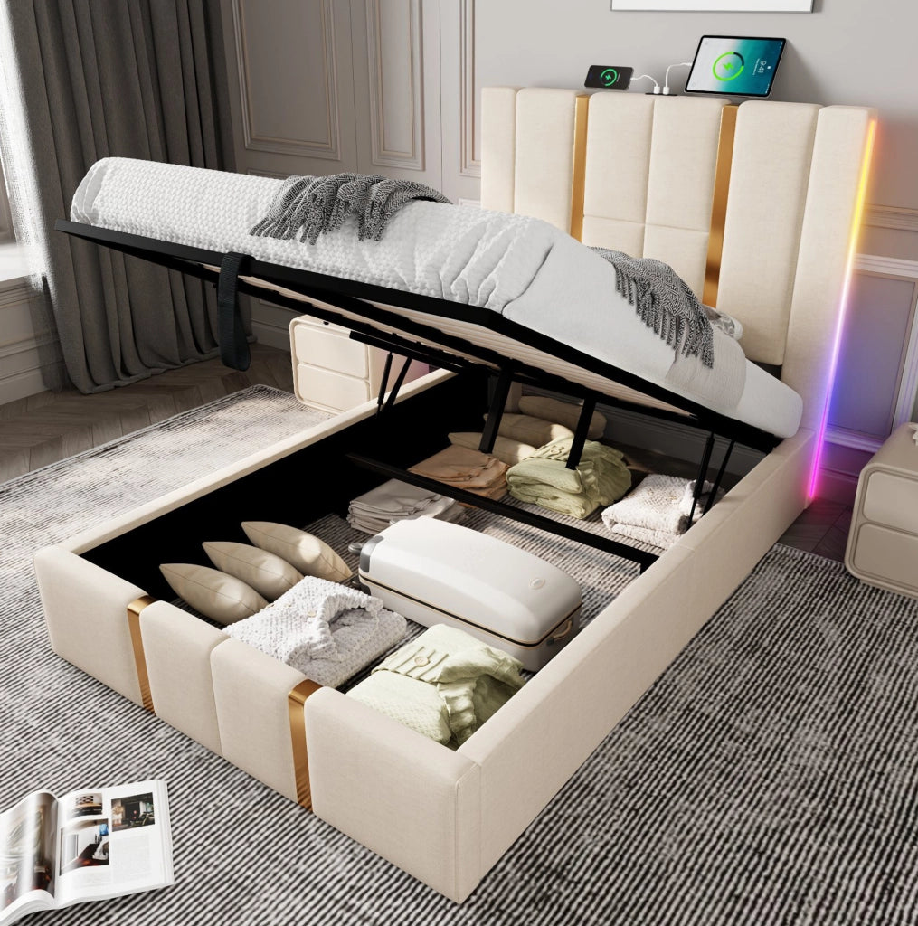 Letto singolo imbottito 90x200 cm con contenitore; USB Tipo C; LED RGB; beige