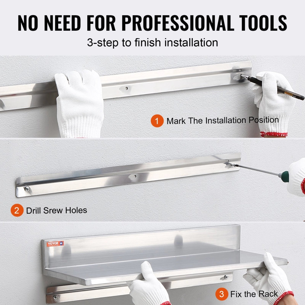 Set 2 Mensole da Parete a L in Acciaio Inox 762 x 218 x 85 mm Scaffale Murale Portaspezie Robusto per Cucina Portata Max 20kg