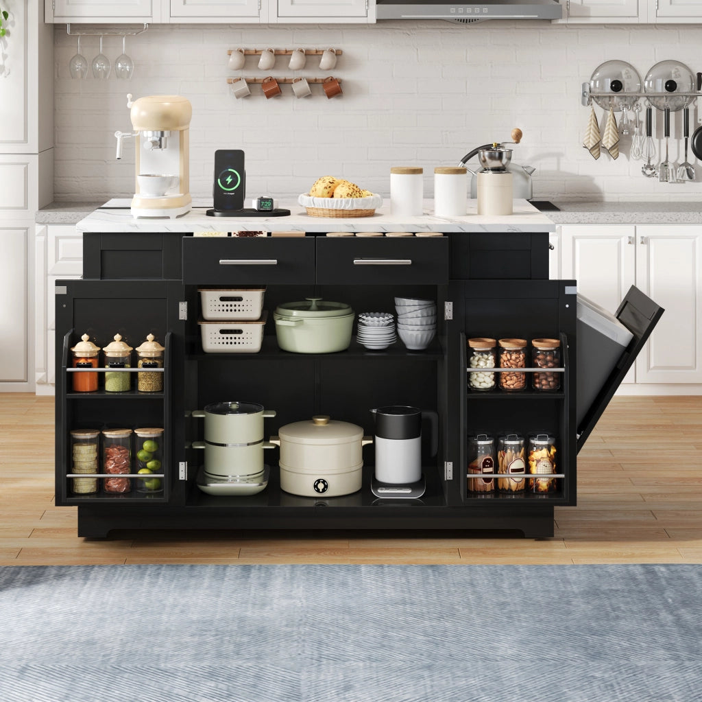 Isola cucina moderna 138 cm con piano lavoro in effetto marmo, ruote silenziose, prese EU, scaffali regolabili e vano estraibile per rifiuti nero