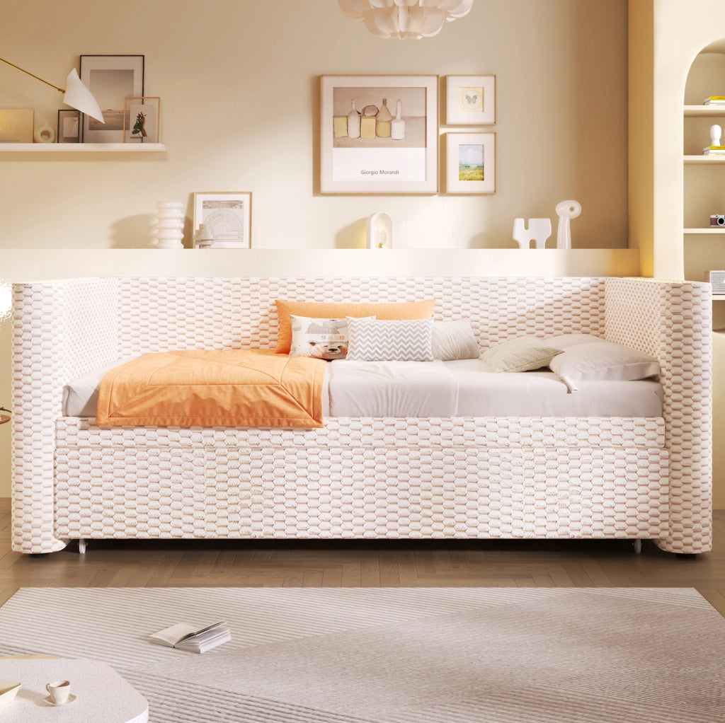 Letto multifunzione estraibile in velluto beige con LED e rete a doghe