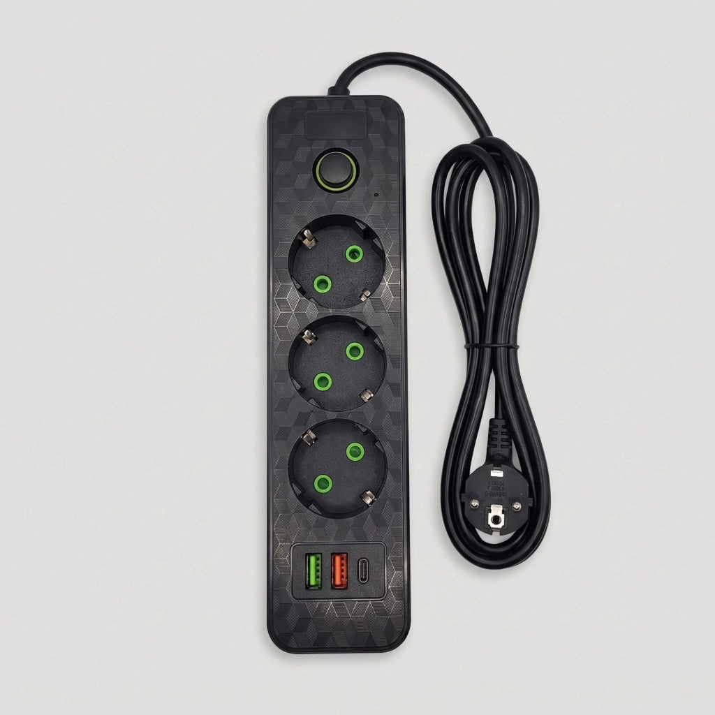 Multipresa Con Prolunga, 3 Prese + 2 Porte Usb-a + Usb-c Jnh020-3a Black