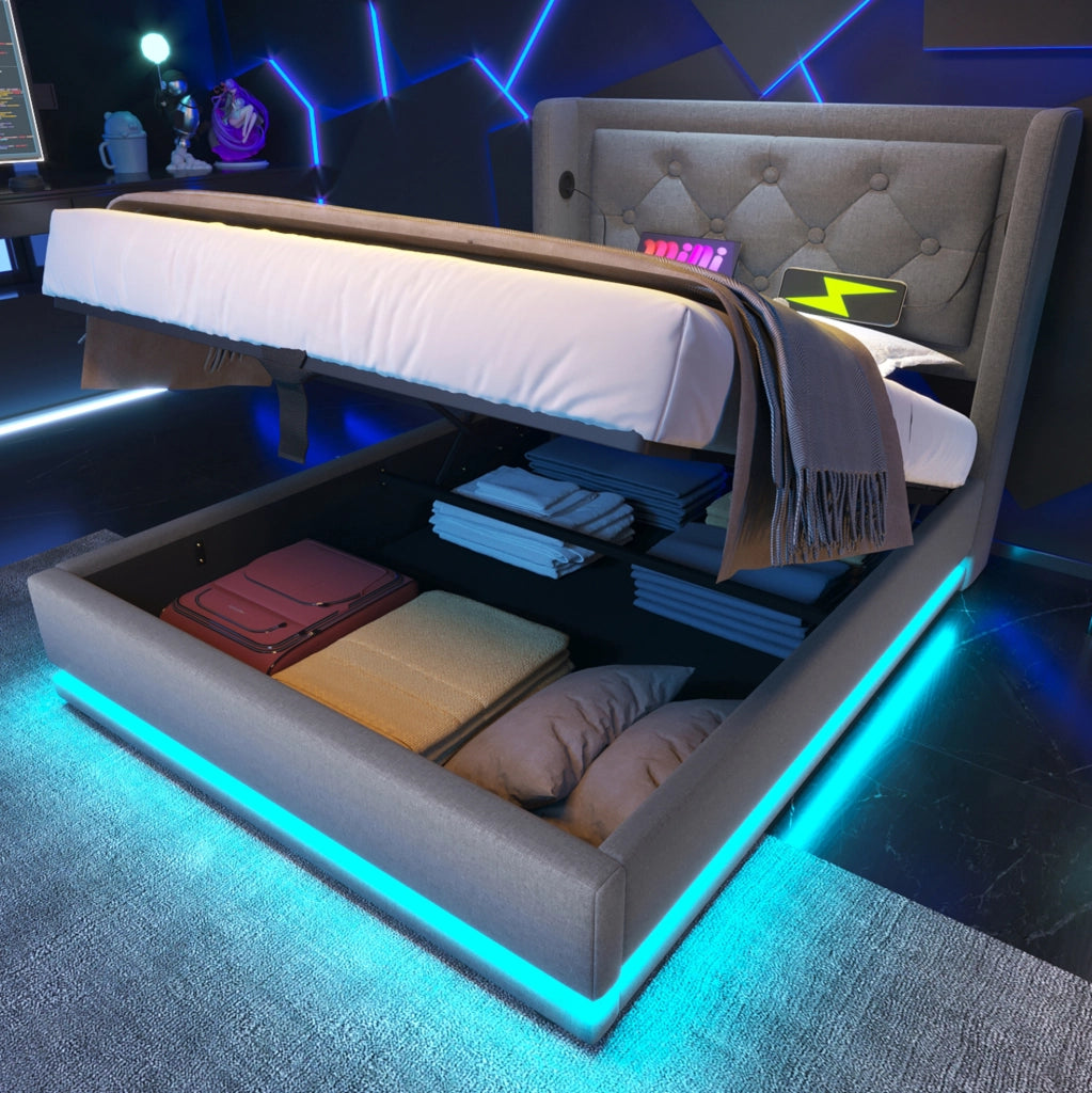 Letto singolo contenitore 90x200 cm grigio con LED e USB-C