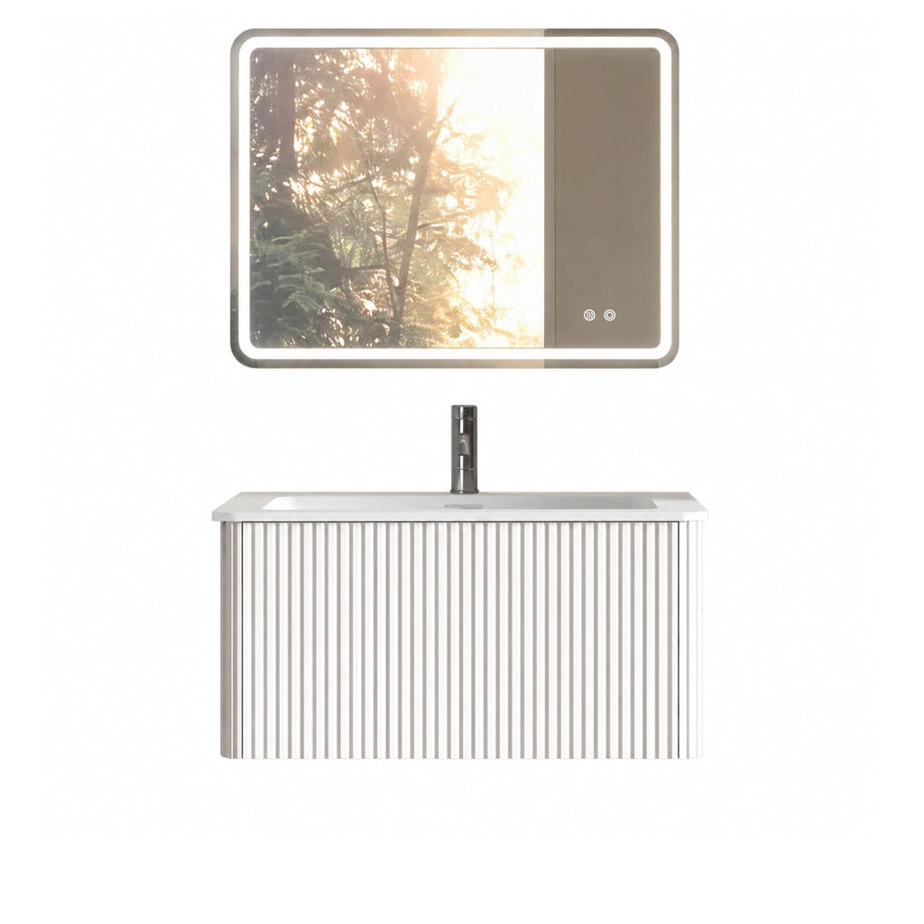 Set mobile bagno sospeso con lavabo integrato e specchio LED rotondo da 80 cm