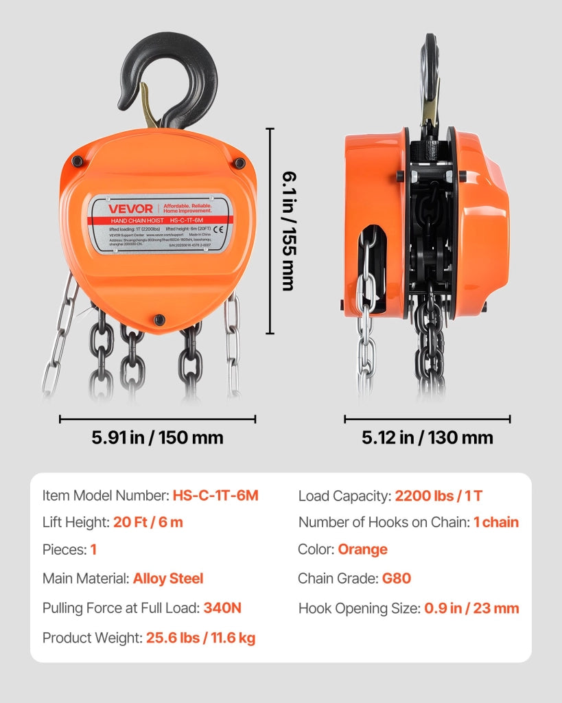 Paranco a Catena Manuale HS-C-1T-6M 1 T Sollevamento 6 m Catena G80 in Acciaio Legato per Officina e Magazzino Arancione