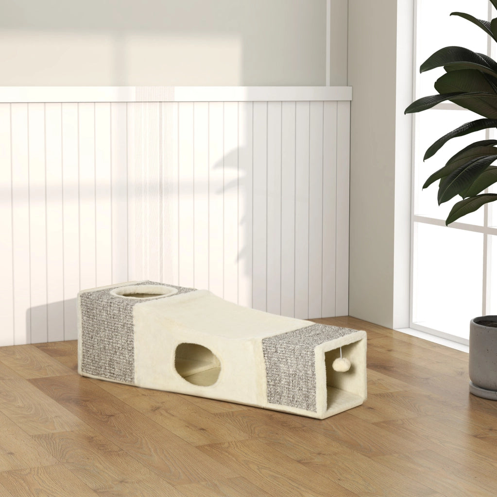 Tunnel per gatti 98x30x30 cm marrone in compensato, con 2 cucce