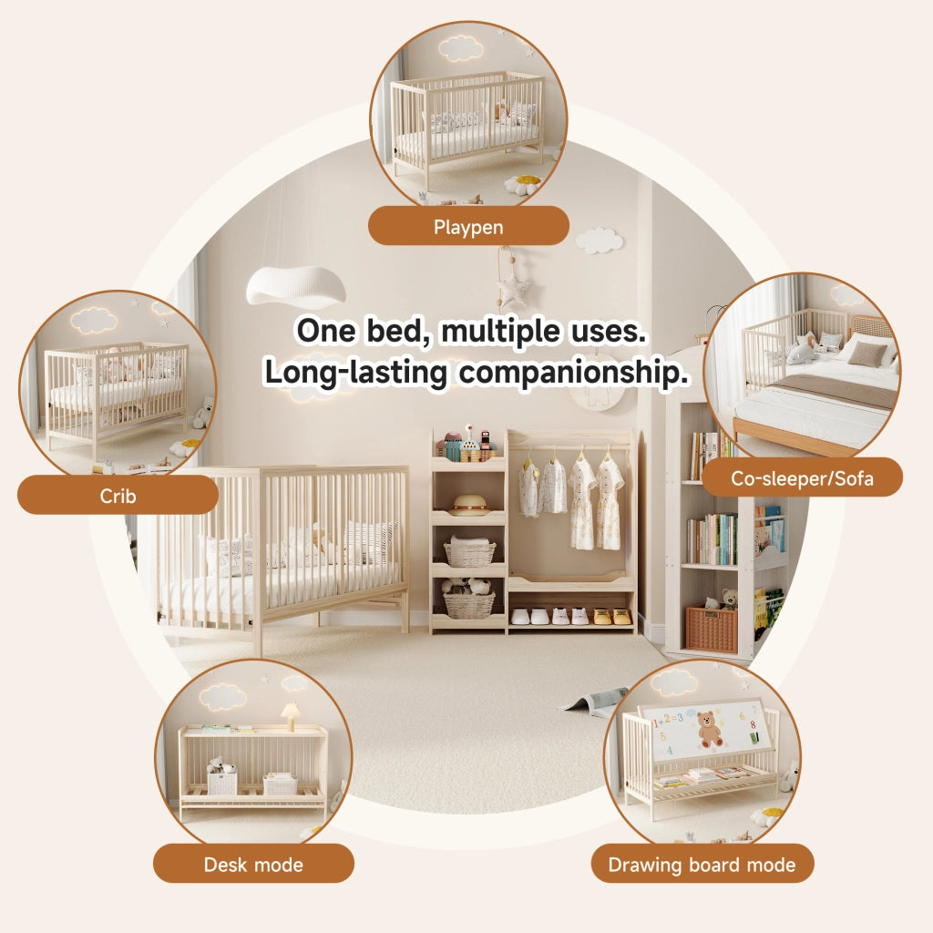 Letto evolutivo trasformabile con altezza regolabile in legno di abete colore naturale senza materasso