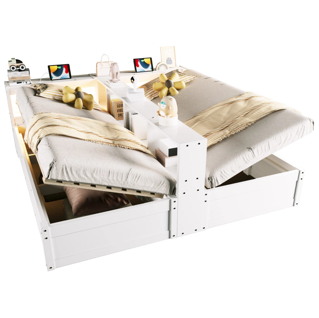 Letto multifunzione 90/180x200 cm bianco con prese integrate, LED e contenitore