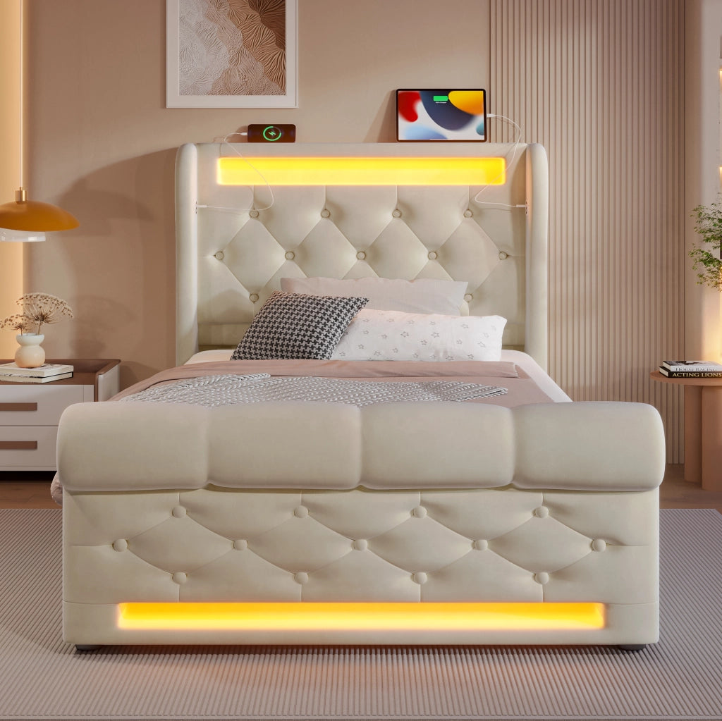 Letto imbottito contenitore 90 × 200 cm con LED; USB e Type-C; velluto beige