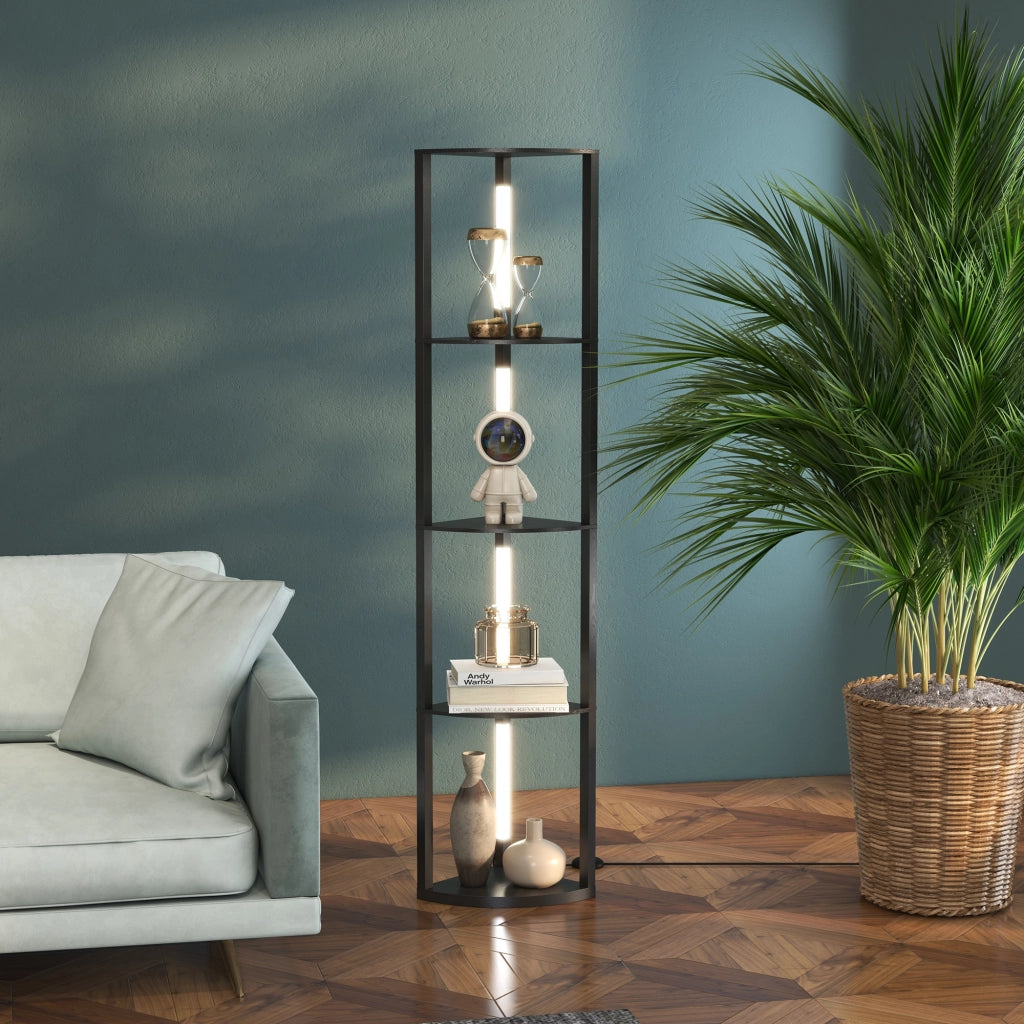 Lampada da terra a colonna in MDF con 4 ripiani, illuminazione a LED 3000K per soggiorno e casa, 41x29.5x163.5 cm, nero