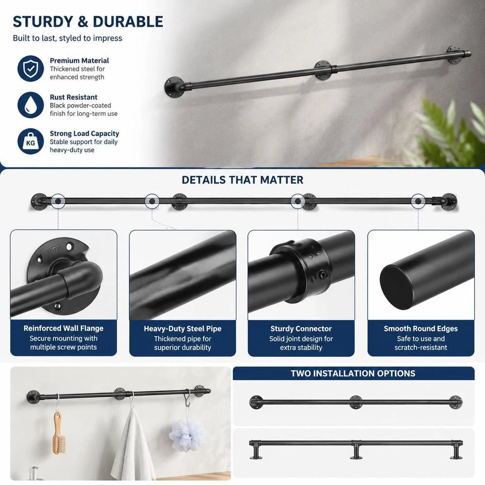 3x Retro Water Pipe Handrail 240cm Industrial Railing Safety Rail Carbon Steel 4x Wall Brackets Rustic Handrail 200kg Load Capacity Suitable For Indoor/Outdoor Handrails