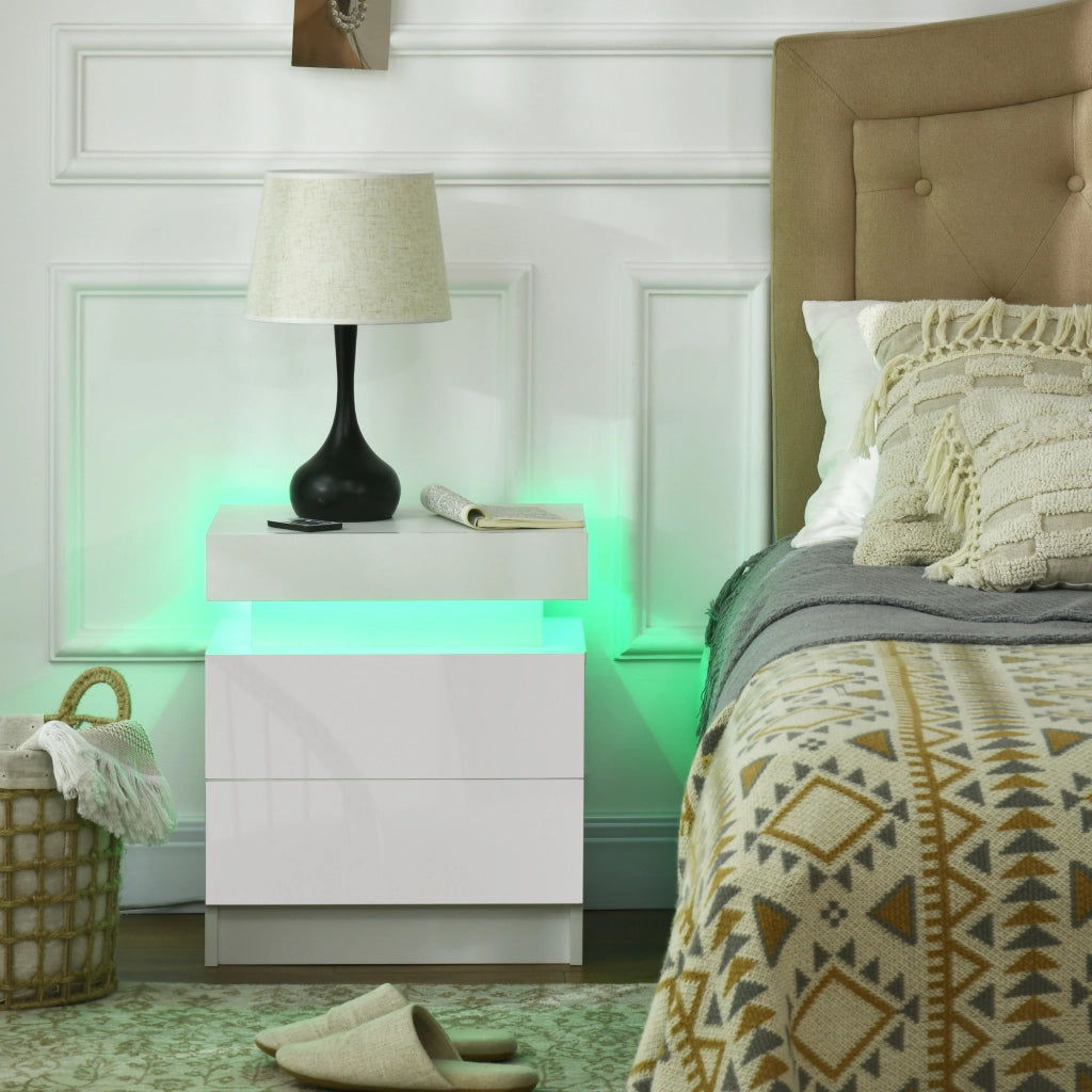 Comodino con 2 cassetti e LED RGB ¨C zephmum ¨C Legno, Bianco, 45x35x52 cm