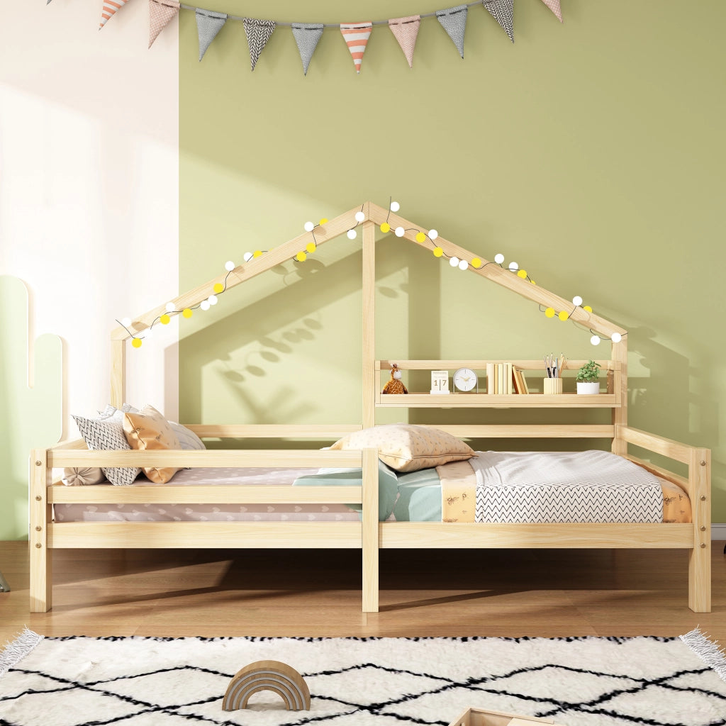 Letto per bambini 90 × 200 cm con barriera; mensola e senza materasso; in pino; stile scandinavo; finitura naturale