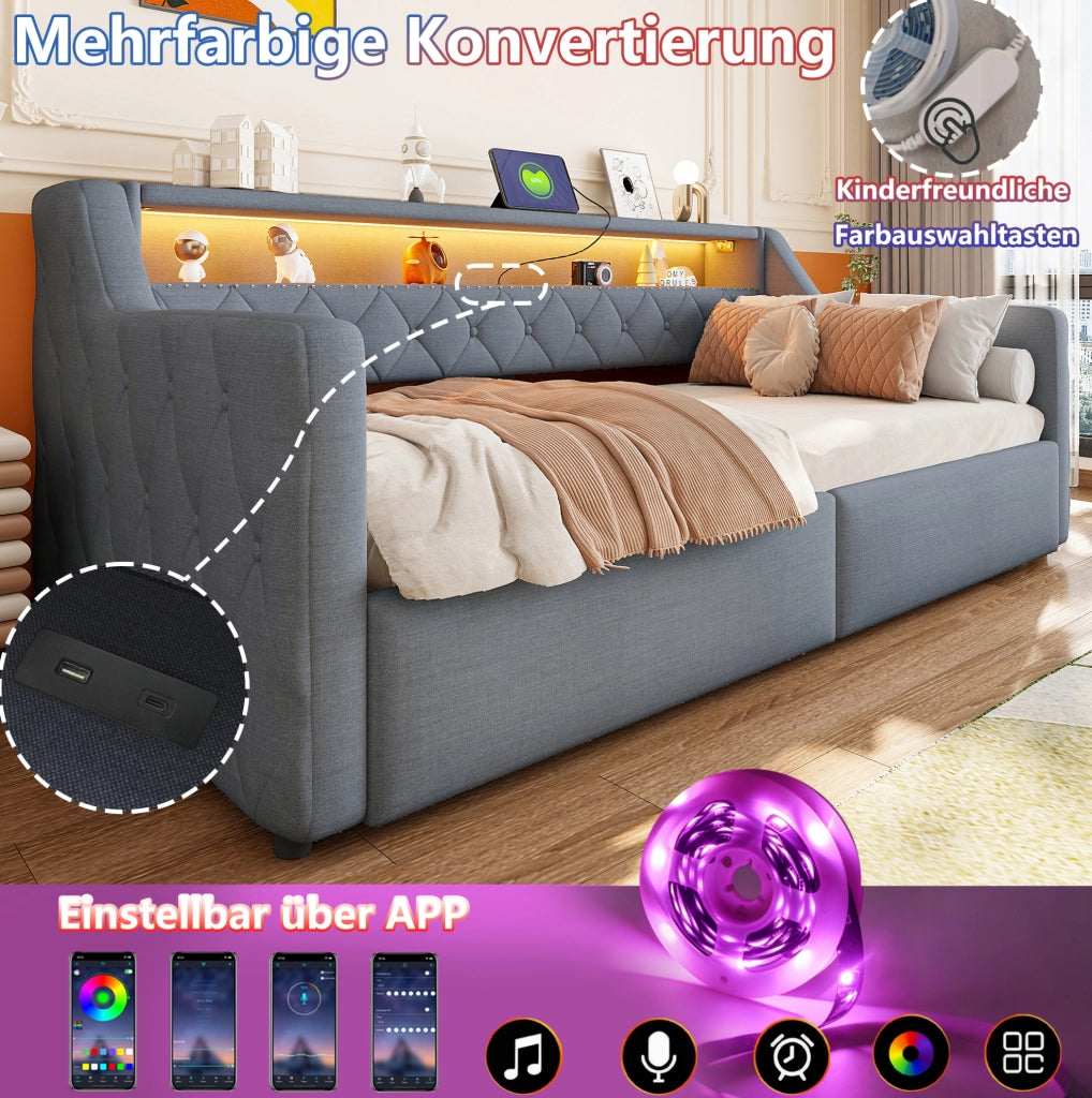 Daybed 90 x 200 cm con vano contenitore idraulico; LED; USB e USB-C; lino e MDF grigio