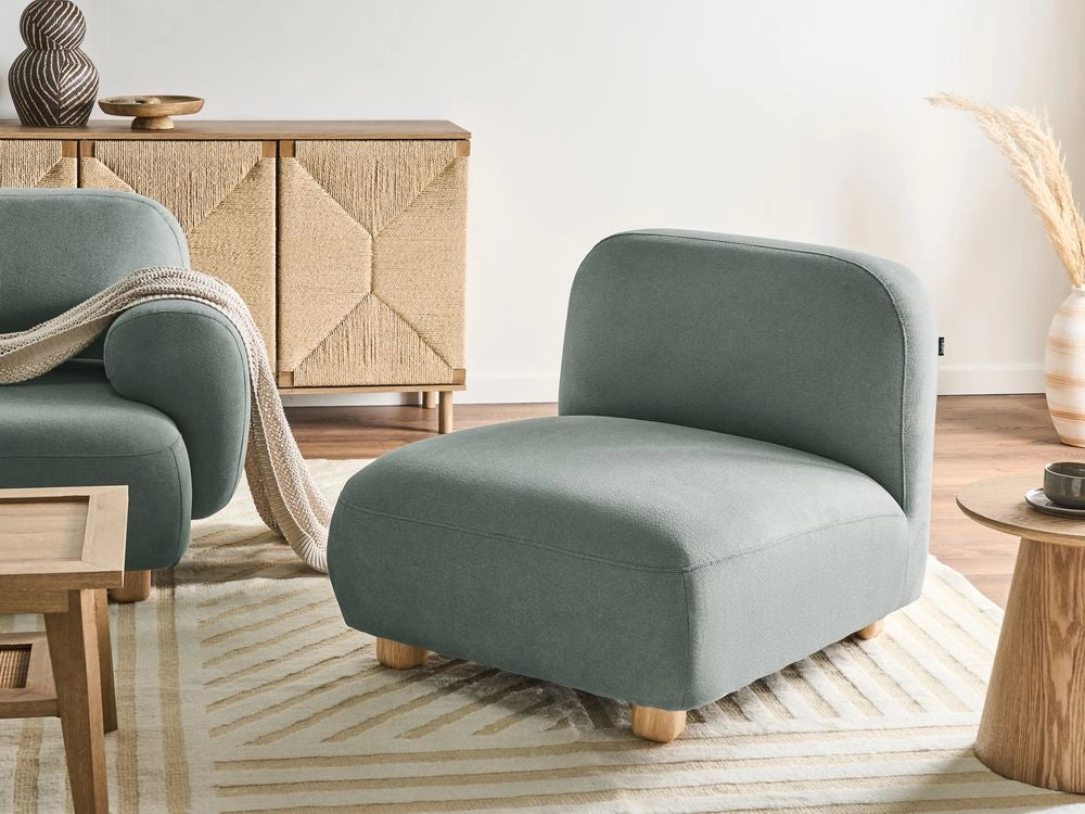 Modulo divano monoposto in tessuto verde chiaro gambe in legno stile moderno