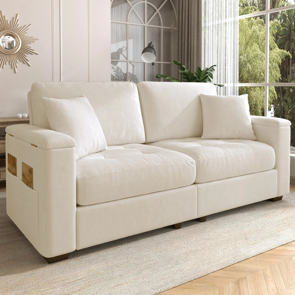 Divano 2 posti moderno 180 cm in tessuto ciniglia beige con contenitore e 2 cuscini