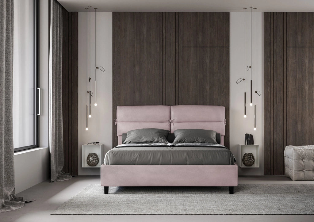 Letto Matrimoniale 160x200 cm con Rete e Contenitore con Testata e Alzata Comoda Imbottito in Microfibra Nandy Glicine