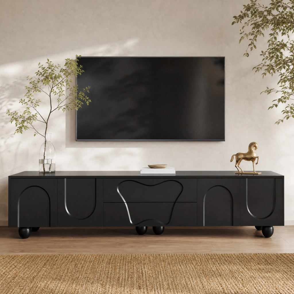 Mobile TV nero 180 cm con gambe in legno massello e ampio spazio contenitivo