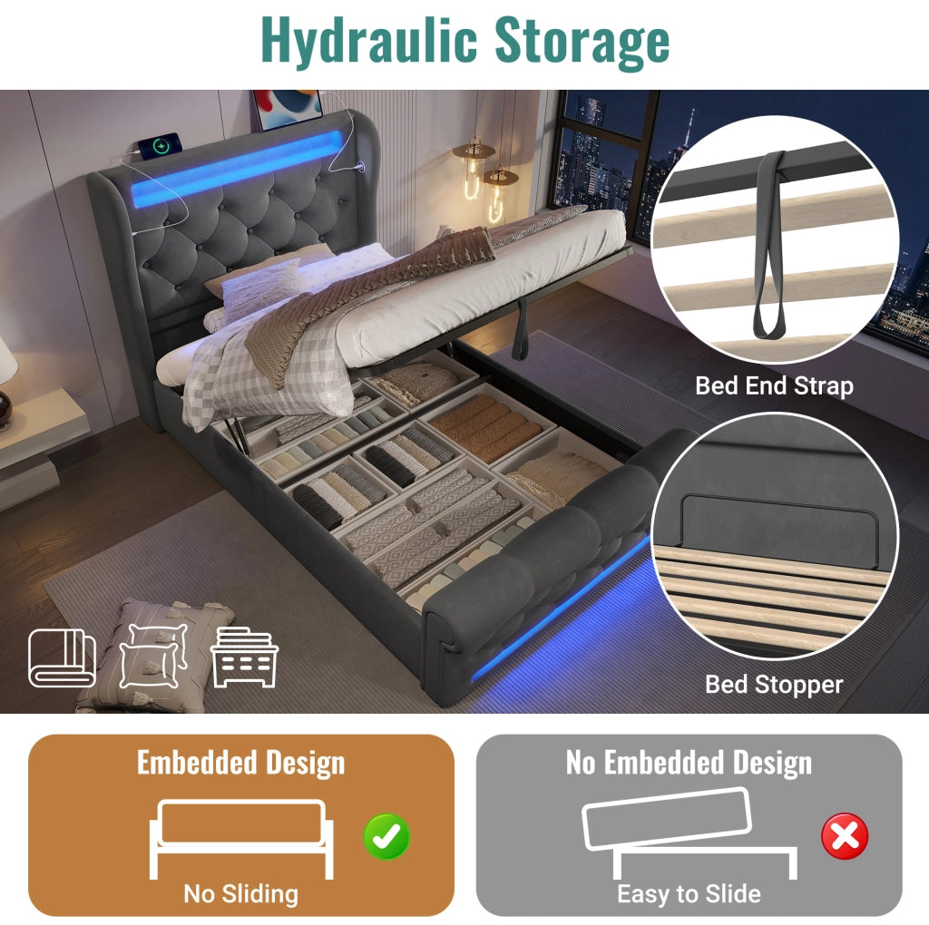 Letto singolo 90x200 cm in velluto con contenitore idraulico; LED; USB-C e materasso; grigio