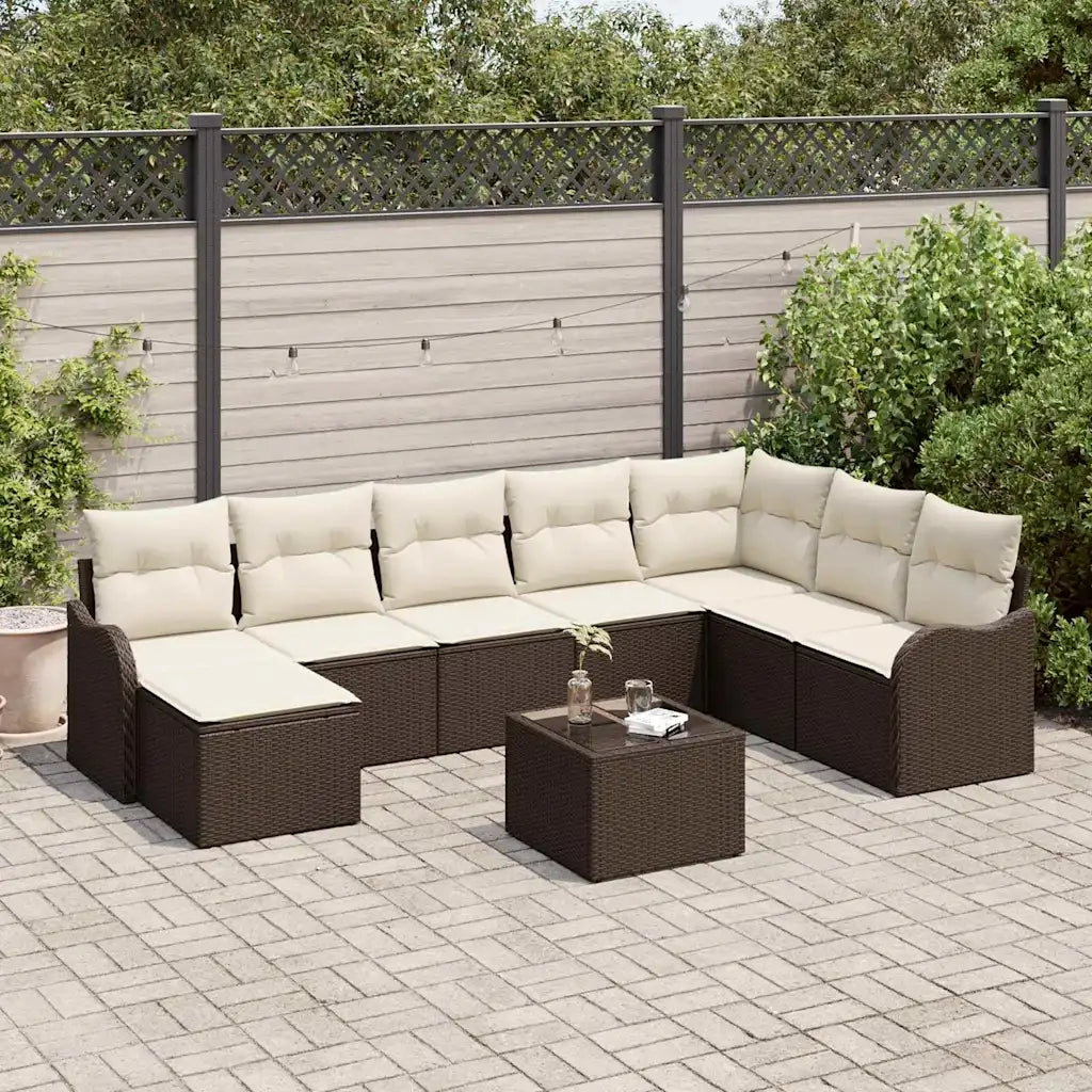 Set Divano da Giardino 9 pcs Marrone e bianco Poly Rattan