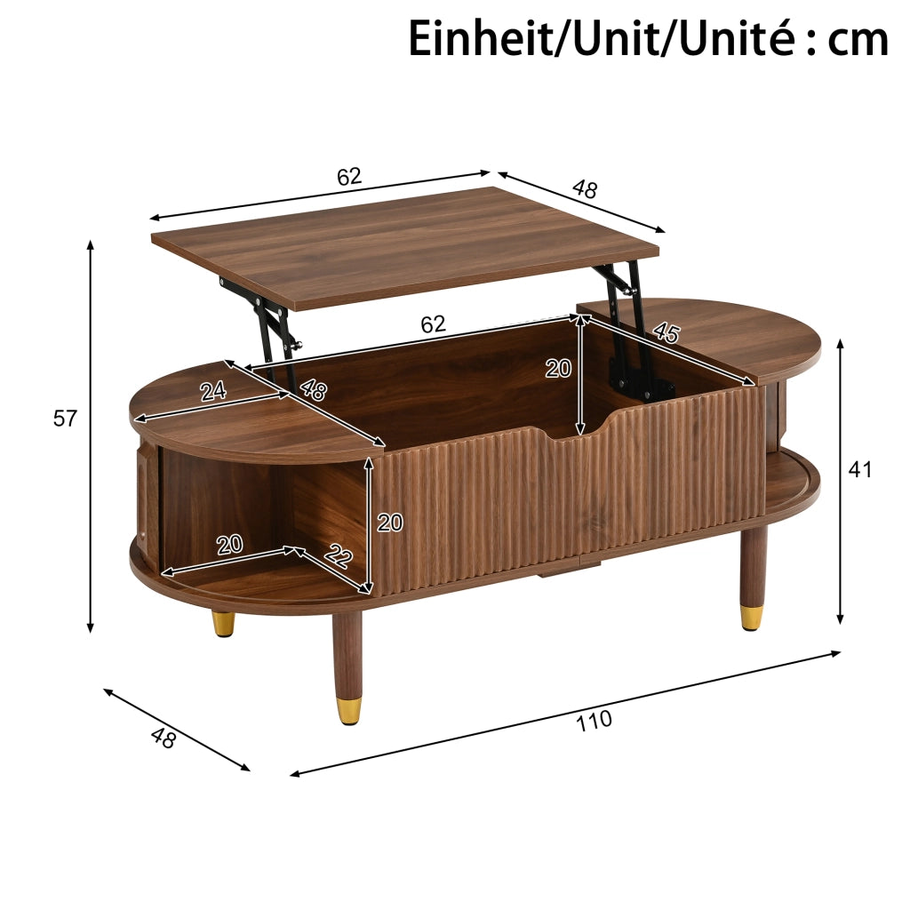 Desviae Tavolino basso ovale con piano sollevabile idraulico e ante scorrevoli MDF noce con piedi in legno 110 × 48 × 57 cm