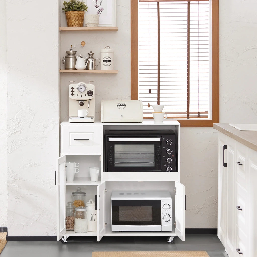 Credenza con ruote Mobile per Microonde da Cucina con 1 Cassetto, 3 Ante Armadio cucina 89x40x89cm coolore bianco FSB78-W SoBuy