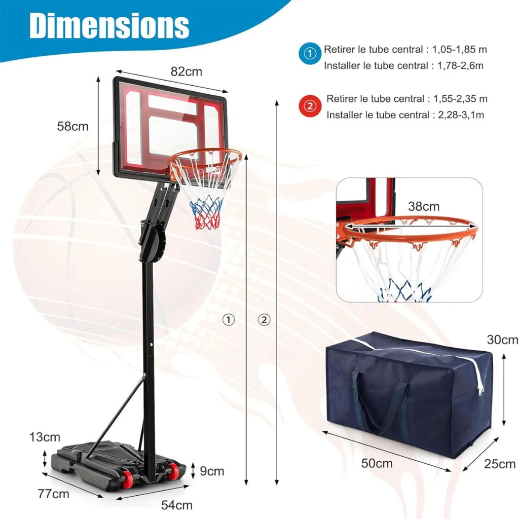 Canestro da Basket Nero con Supporto, Altezza Regolabile 105-260 cm, Base a 2 Ruote, Portatile per Giardino
