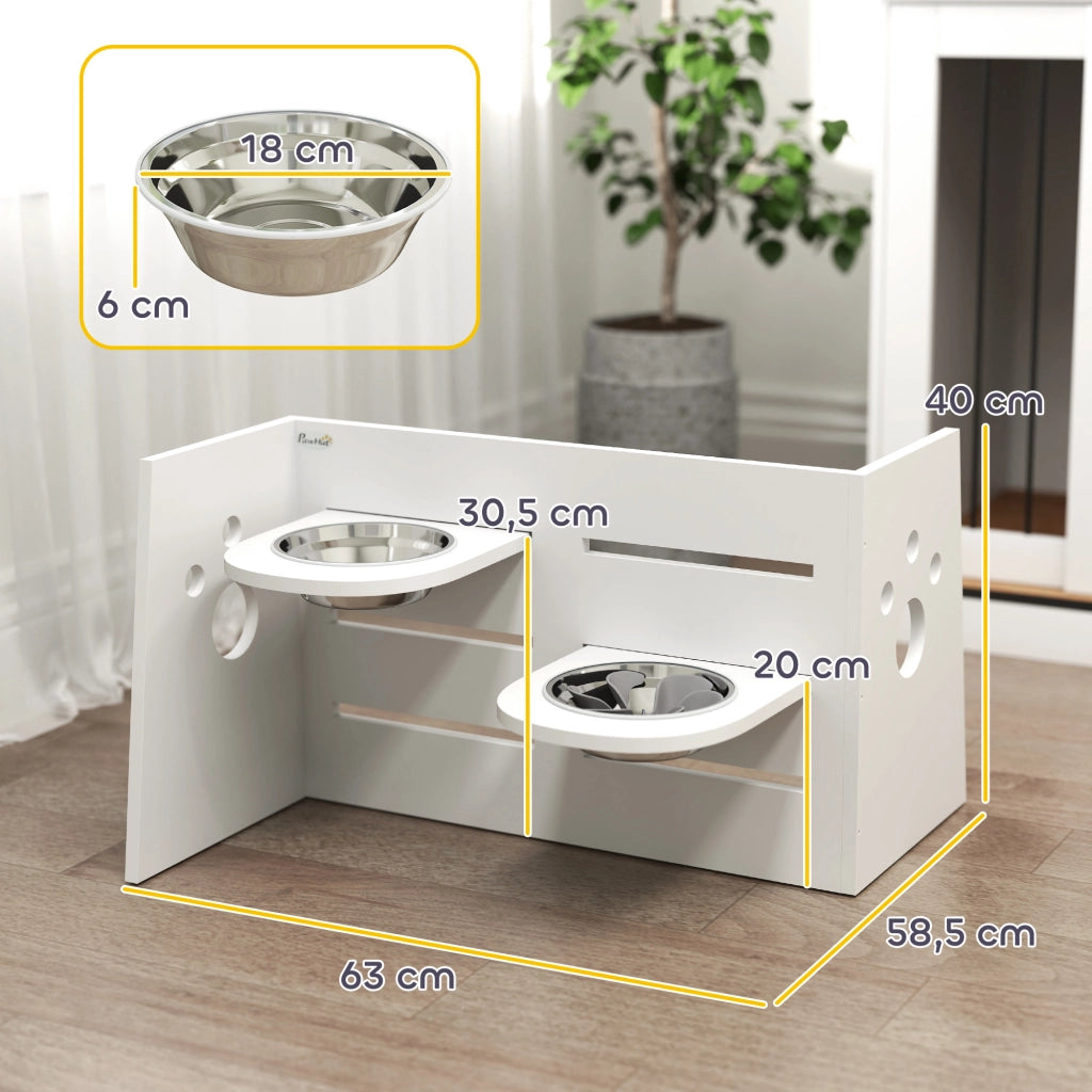 Ciotola Rialzata Doppia per Cani ¨C Xylo ¨C Altezza Regolabile con Sistema Alimentazione Lenta 63x58,5x40 cm Bianco
