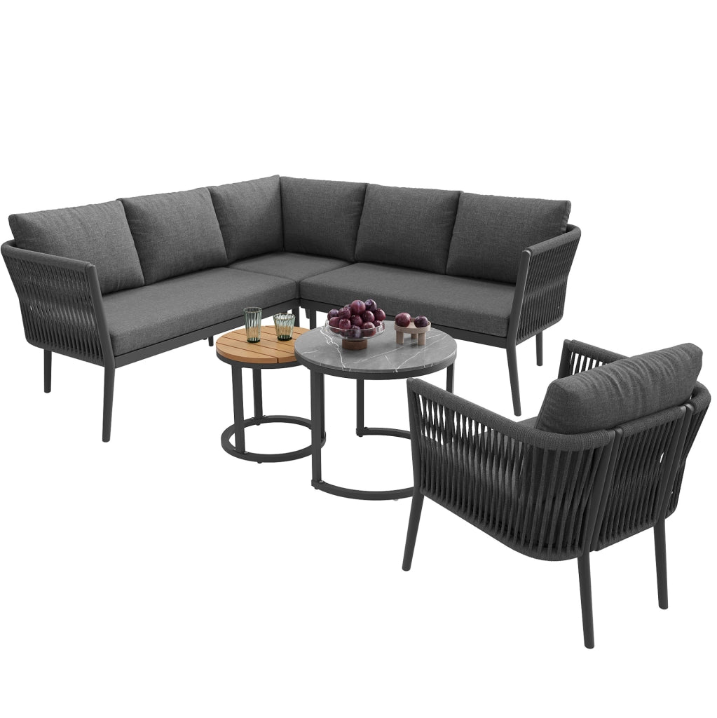 Set lounge da esterno modulare 6 pezzi con 2 tavolini; metallo e olefina; grigio