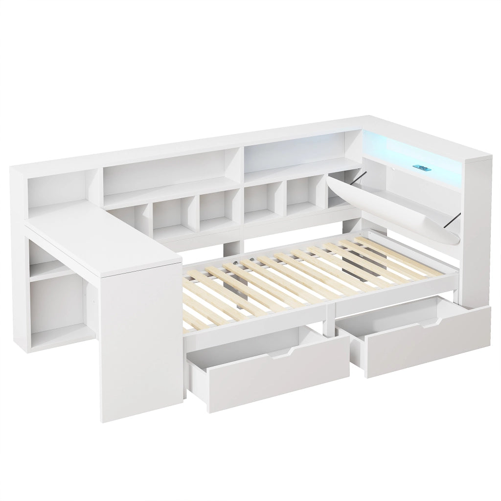 Letto per bambini 90x200 cm a L con scrivania; libreria; cassetti; LED e USB; MDF e compensato bianco