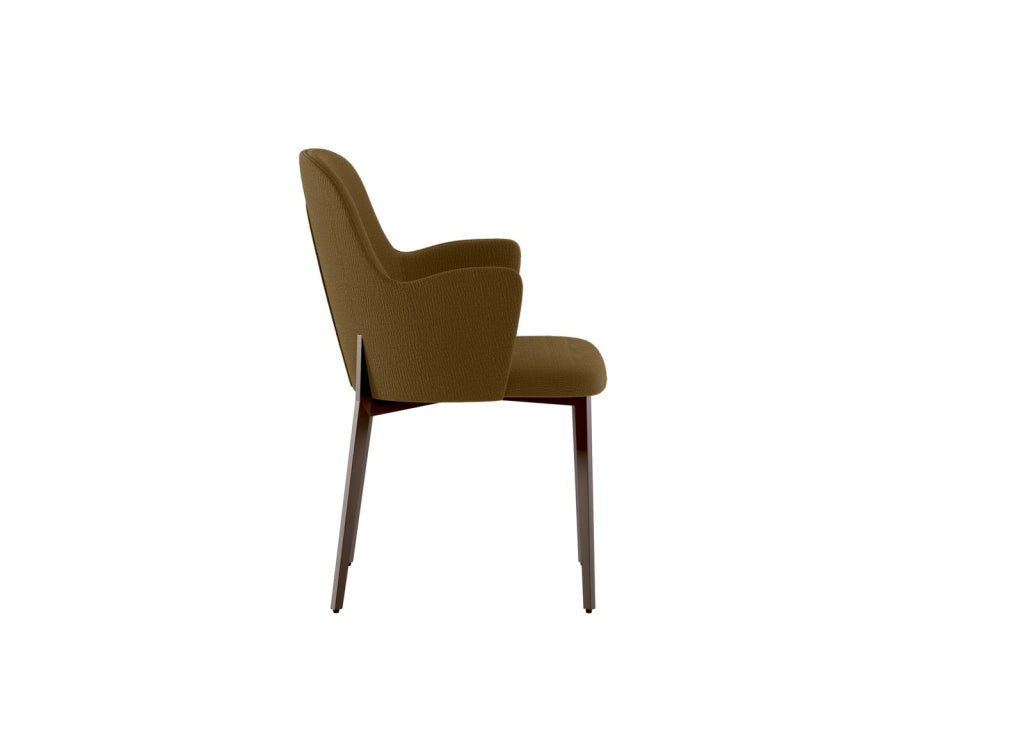Poltroncina Sophia in tessuto easy-clean marrone con struttura in metallo verniciato bronzo - Design moderno ed elegante per interni