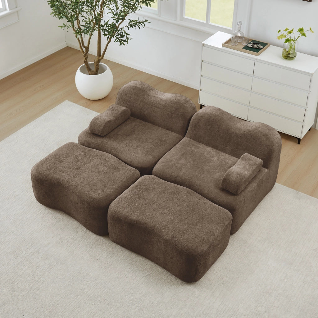 Divano Modulare 2 Posti con 2 Ottoman ¨C MINIMAL ¨C Tessuto Marrone, Braccioli Mobili