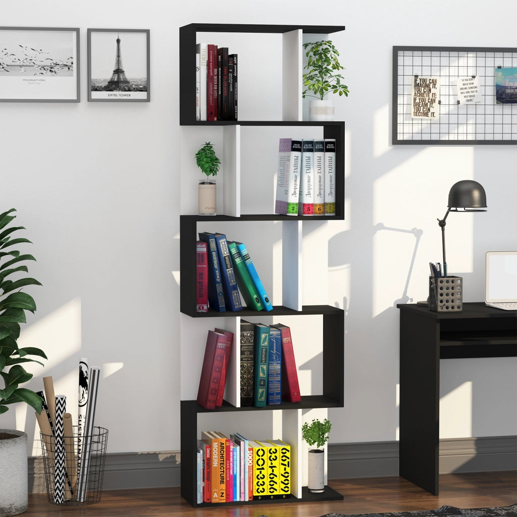 Libreria a 5 Ripiani con Divisorio ¨C Xylo ¨C Legno Bianco e Nero 60x24x184.5 cm