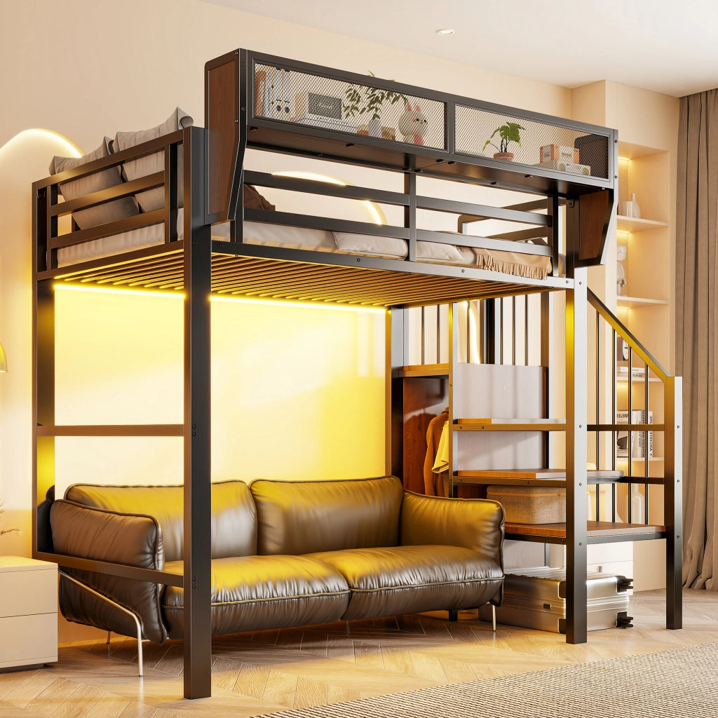 Letto a soppalco 90 per 200 cm con scala di sicurezza e striscia LED, metallo e MDF, nero