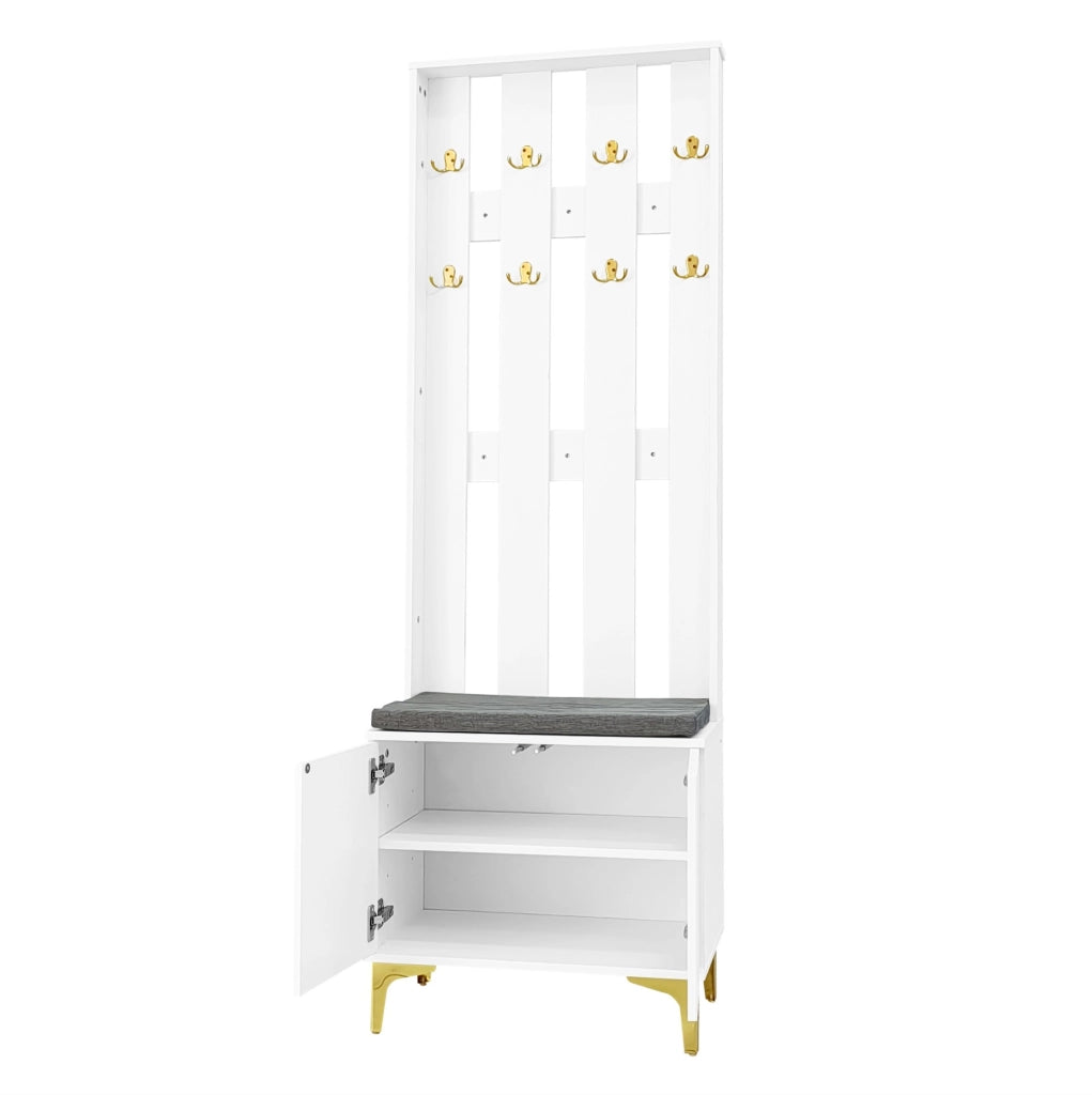 Set guardaroba con panca porta scarpe, cuscini grigi e appendiabiti dorati, struttura in truciolato bianco 60,5x180,5x35,2 cm