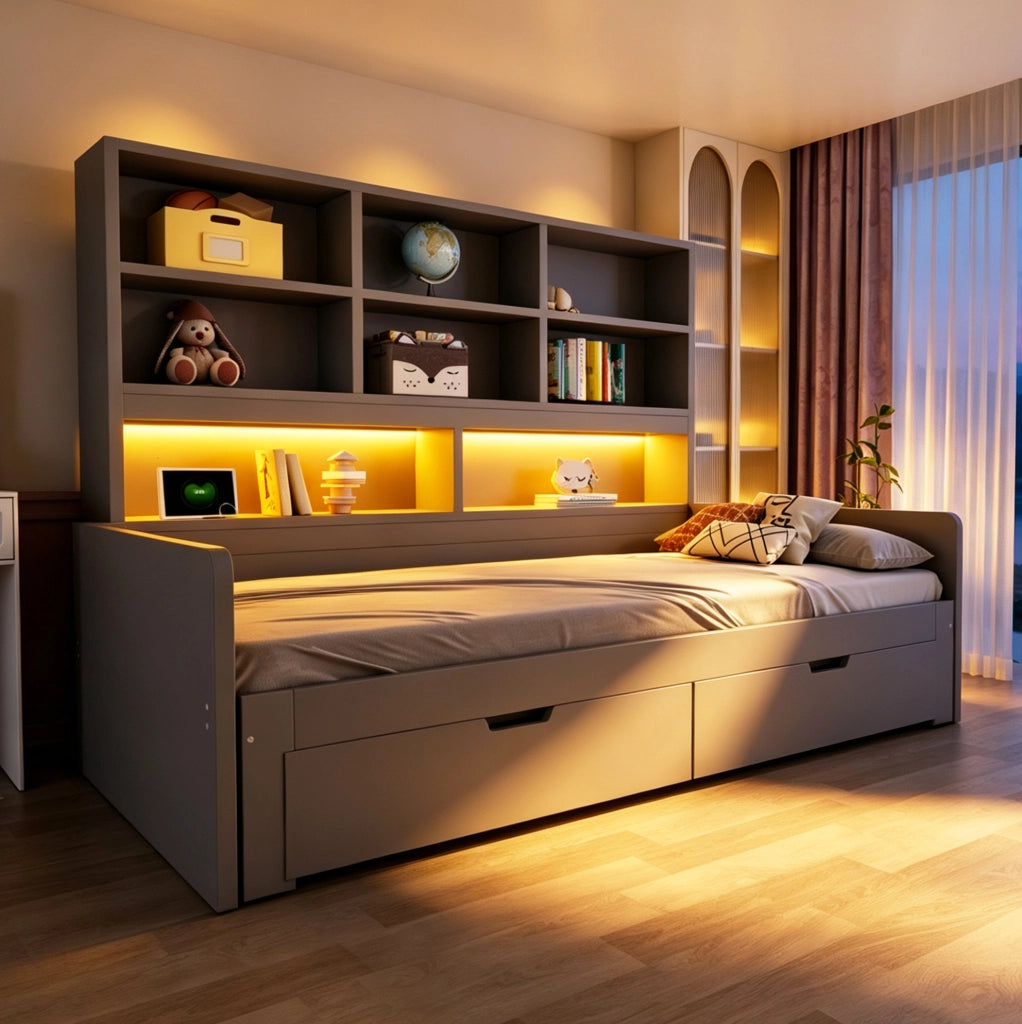 Letto estraibile 90/180x200 cm con LED, prese, cassetti e ripiani in MDF grigio