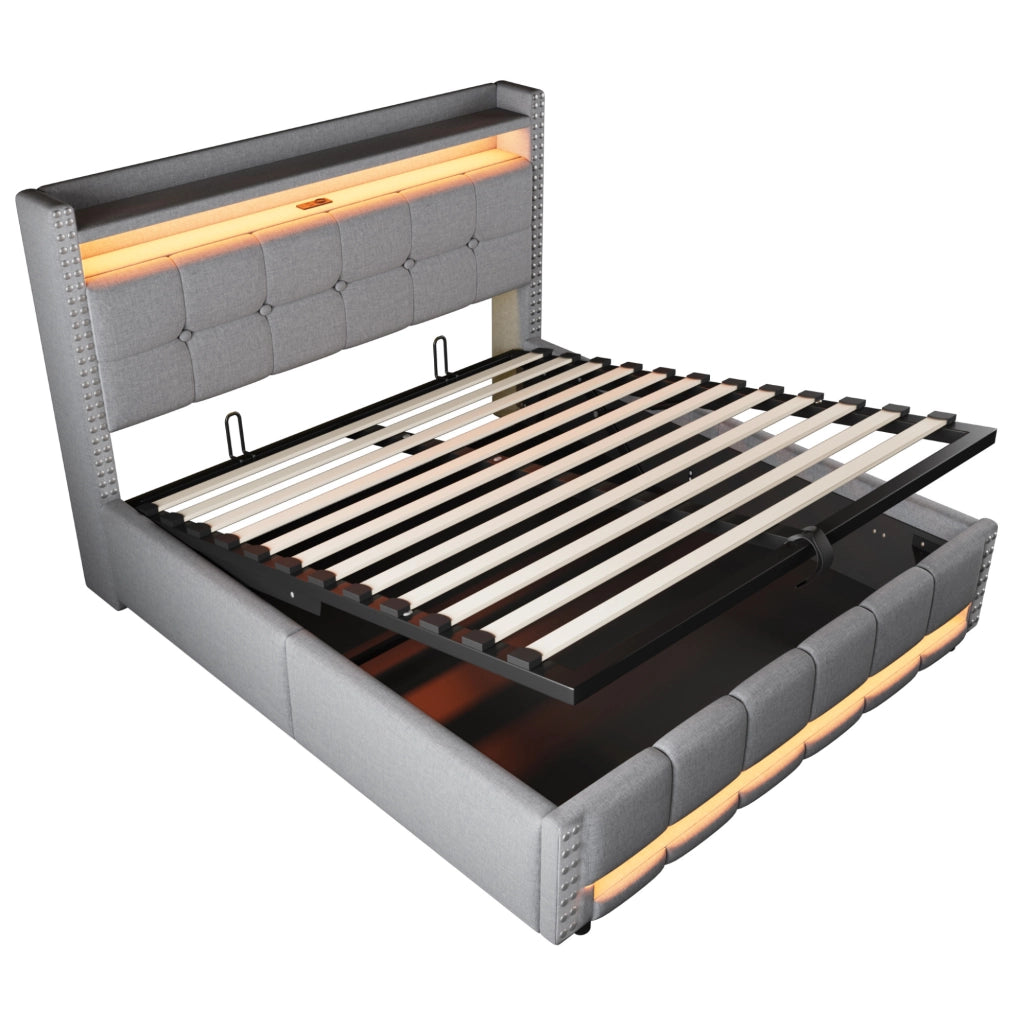 LETTO Imbottito 160x200 cm Grigio Chiaro con LED, USB e contenitore