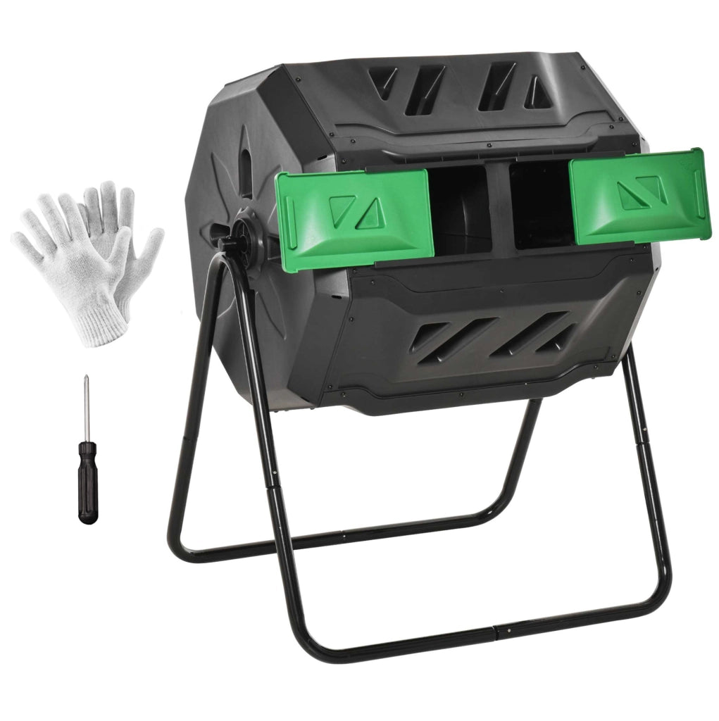 Composter a tamburo 160 L con 2 camere, rotazione 360°, nero