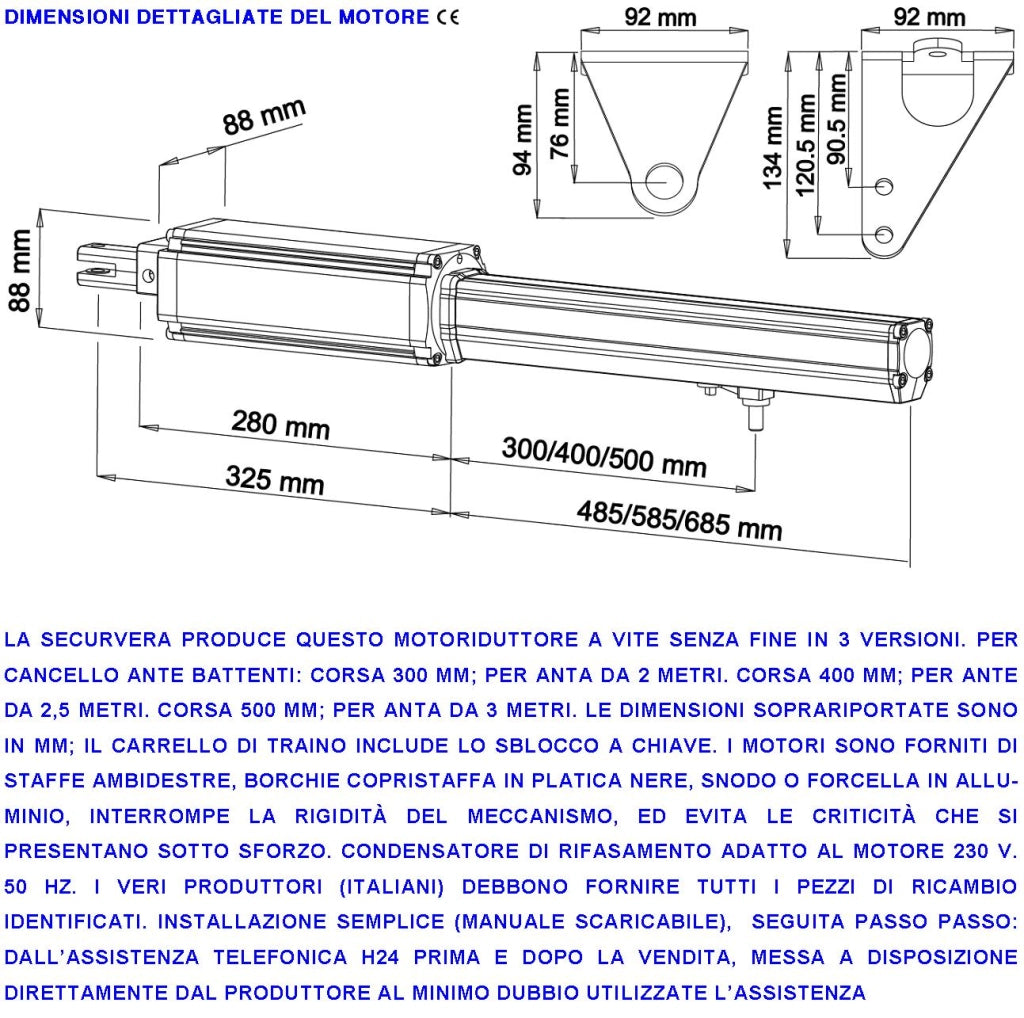 Cancello Automatico Anta 3 Metri Motoriduttore Elettromeccanico 220 V Corsa 500 mm Chiave Sblocco Ricambio Originale Securvera Finecorsa Meccanici Kit Staffe Bulloni Condensatore 16 µF 400V Misure 1010X88X88 mm Compatibile BTF Came Proteco