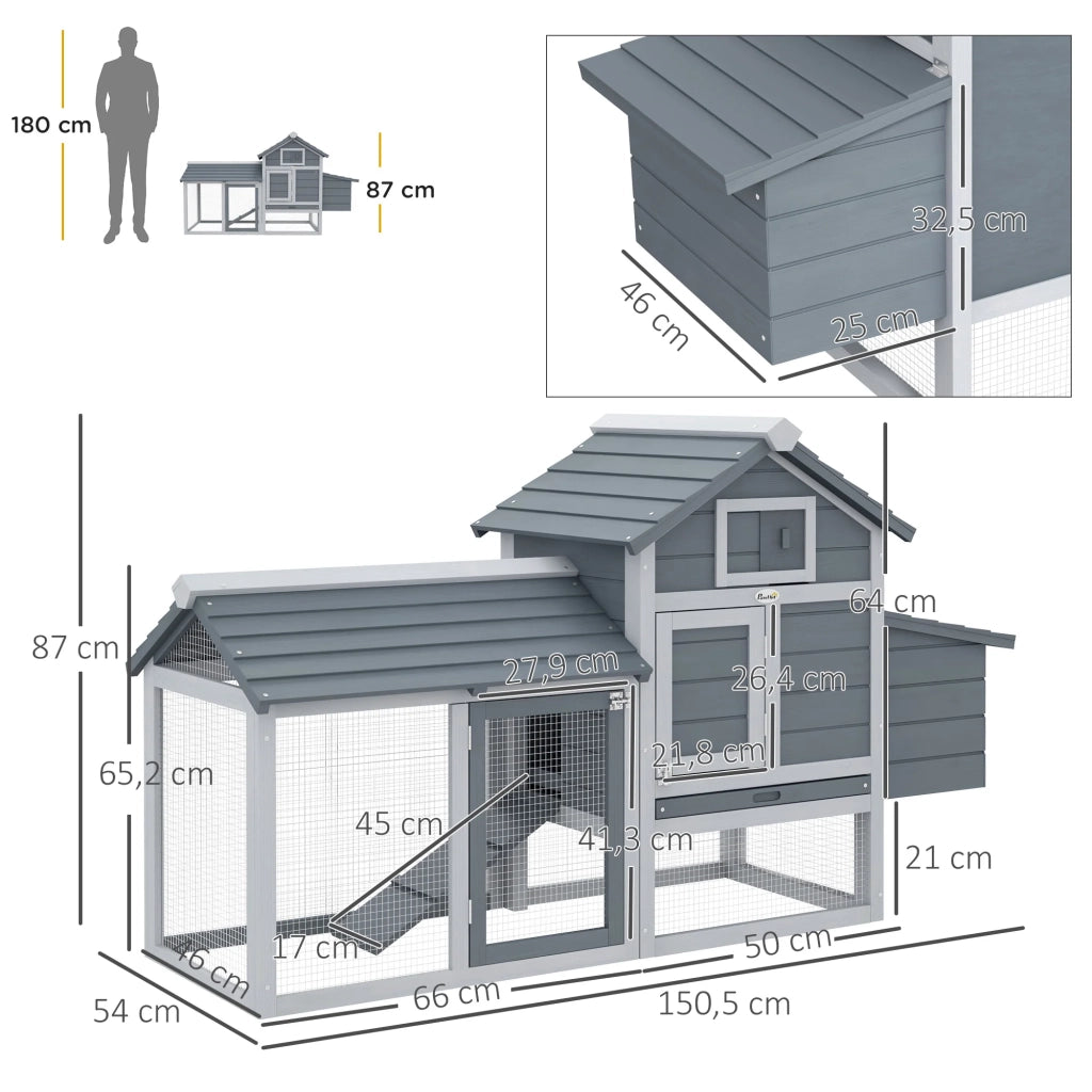 Pollaio rialzato per 2 galline 151 x 54 x 87 cm cassetto escrementi facile manutenzione stile rustico giardino in legno grigio 21_0007883