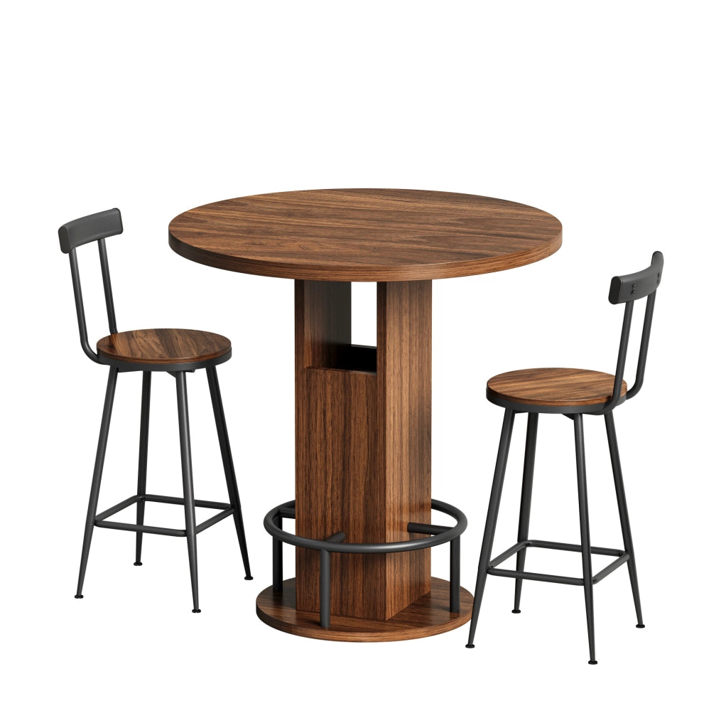 TAVOLO BAR ROTONDO 80 cm Noce Set 3 pezzi con 2 sgabelli