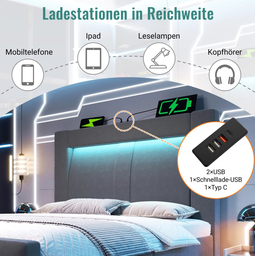Letto singolo contenitore 90 × 200 cm con LED; USB e Type-C; velluto grigio