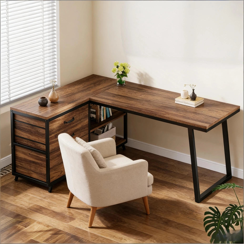 Scrivania angolare reversibile con cassetti e ripiani in truciolato e metallo nero marrone 134 × 50 cm