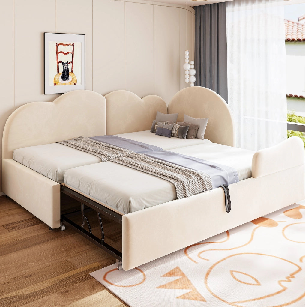 Divano letto imbottito a L con letto estraibile 90x200 cm; velluto beige
