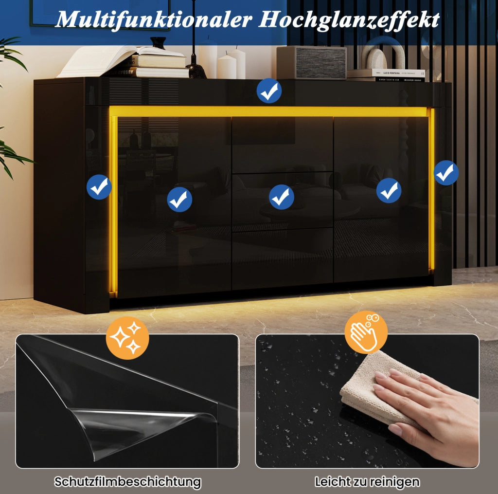 Sideboard nero lucido con LED, 2 ante e 3 cassetti 140 cm