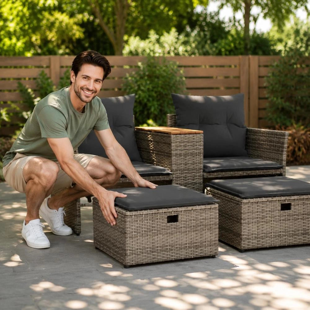 2-seater Garden Sofa With Stools, Grey Poly Rattan