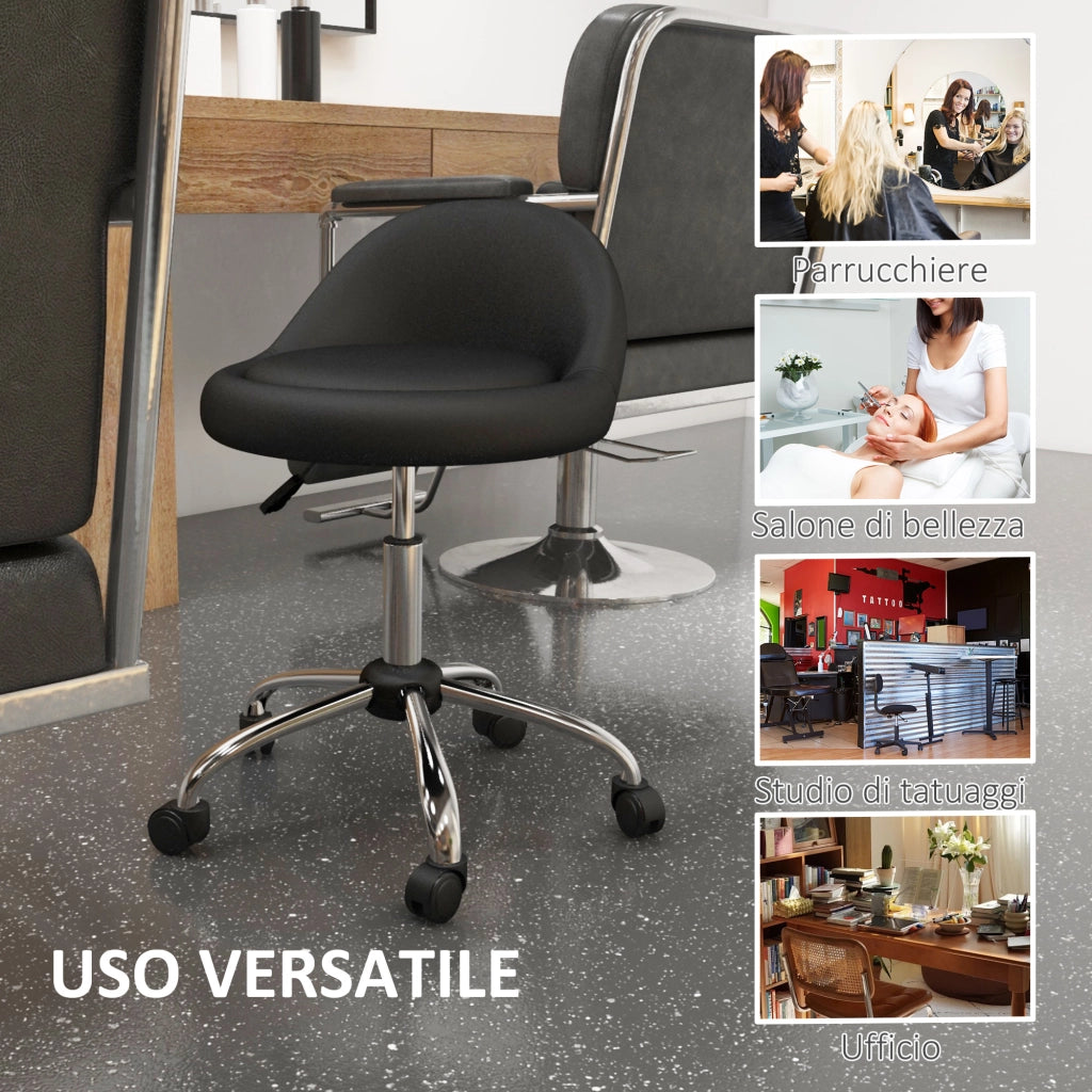 Sgabello con Ruote ¨C Minimal ¨C Nero, Finta Pelle PU, Altezza Regolabile