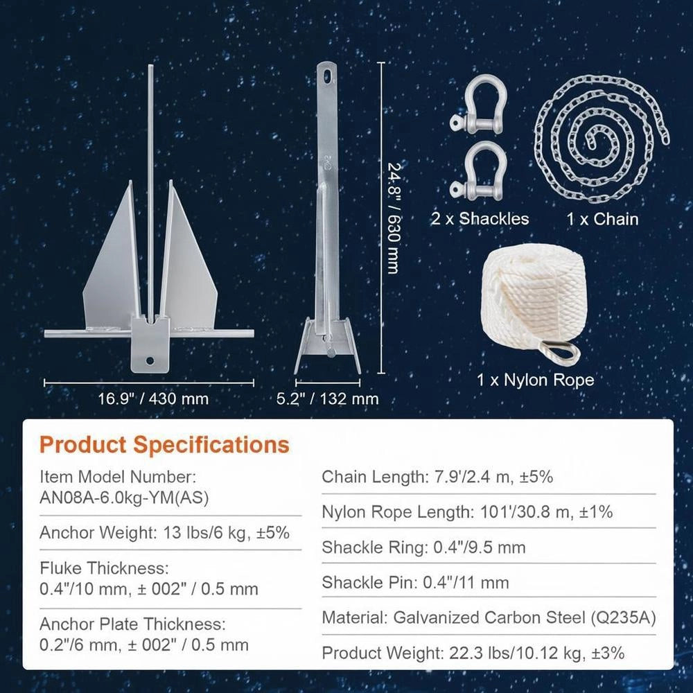 Fluke Anchor Set: Hot-dip Galvanized Steel Fluke Anchor With 2.4 M Chain, 30.8 M Rope And Two 11 Mm Shackles, Boat Anchor For Small Vessels Under 9.14 M, Seas, Rivers And Coasts, 6 Kg