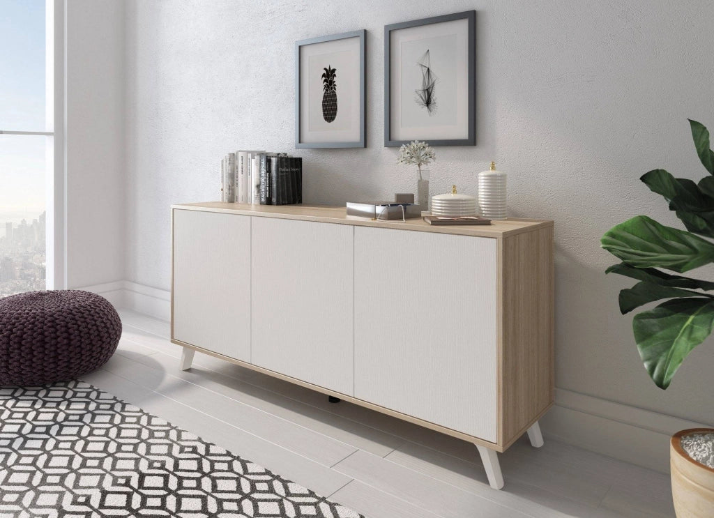 Credenza Annina, Buffet da soggiorno, Madia da salotto, Dispensa da cucina, 154x40h72 cm, Rovere e Bianco